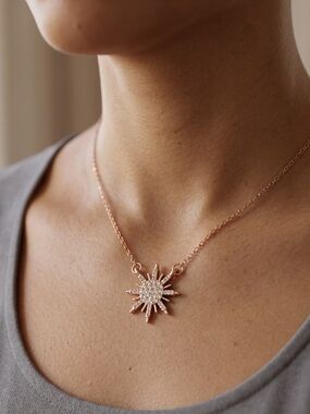 Gold Sunburst Pendant Necklace Rhinestone Starburst